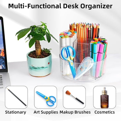 Acrylic Pen Marker Organizer for Desk, 360-Degree Rotating Pencil Holder Crayon Art Supplies Storage Organizer, 6 Slots Clear Large Capcaity Spinning Caddy for Home Office School Kids