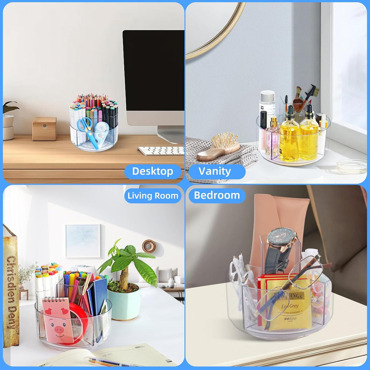 Acrylic Pen Marker Organizer for Desk, 360-Degree Rotating Pencil Holder Crayon Art Supplies Storage Organizer, 6 Slots Clear Large Capcaity Spinning Caddy for Home Office School Kids