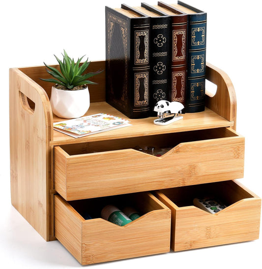3 Tier Bamboo Desktop Organizer with 3 Drawers, Tabletop Craft Box Cosmetic Storage Drawer with Handle, Portable Desk Letter Mail Sorter for Office Supply, Toiletries