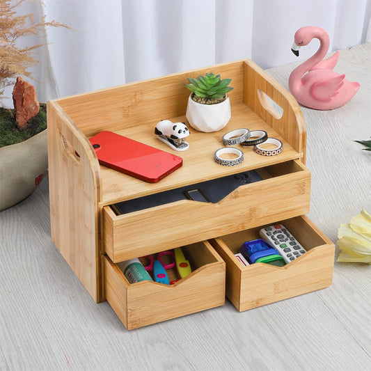 3 Tier Bamboo Desktop Organizer with 3 Drawers, Tabletop Craft Box Cosmetic Storage Drawer with Handle, Portable Desk Letter Mail Sorter for Office Supply, Toiletries
