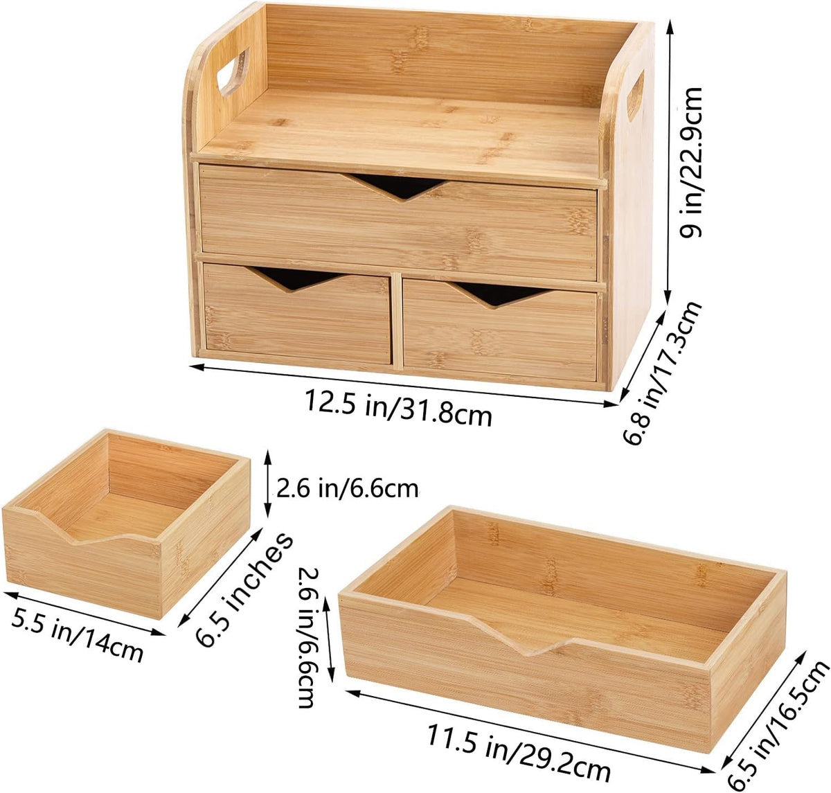 3 Tier Bamboo Desktop Organizer with 3 Drawers, Tabletop Craft Box Cosmetic Storage Drawer with Handle, Portable Desk Letter Mail Sorter for Office Supply, Toiletries