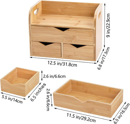 3 Tier Bamboo Desktop Organizer with 3 Drawers, Tabletop Craft Box Cosmetic Storage Drawer with Handle, Portable Desk Letter Mail Sorter for Office Supply, Toiletries