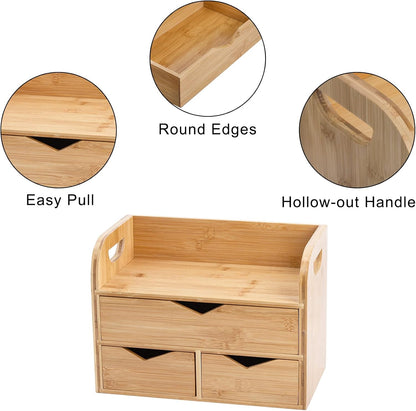 3 Tier Bamboo Desktop Organizer with 3 Drawers, Tabletop Craft Box Cosmetic Storage Drawer with Handle, Portable Desk Letter Mail Sorter for Office Supply, Toiletries