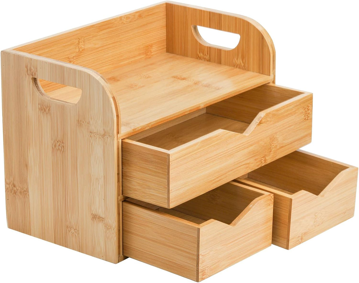 3 Tier Bamboo Desktop Organizer with 3 Drawers, Tabletop Craft Box Cosmetic Storage Drawer with Handle, Portable Desk Letter Mail Sorter for Office Supply, Toiletries