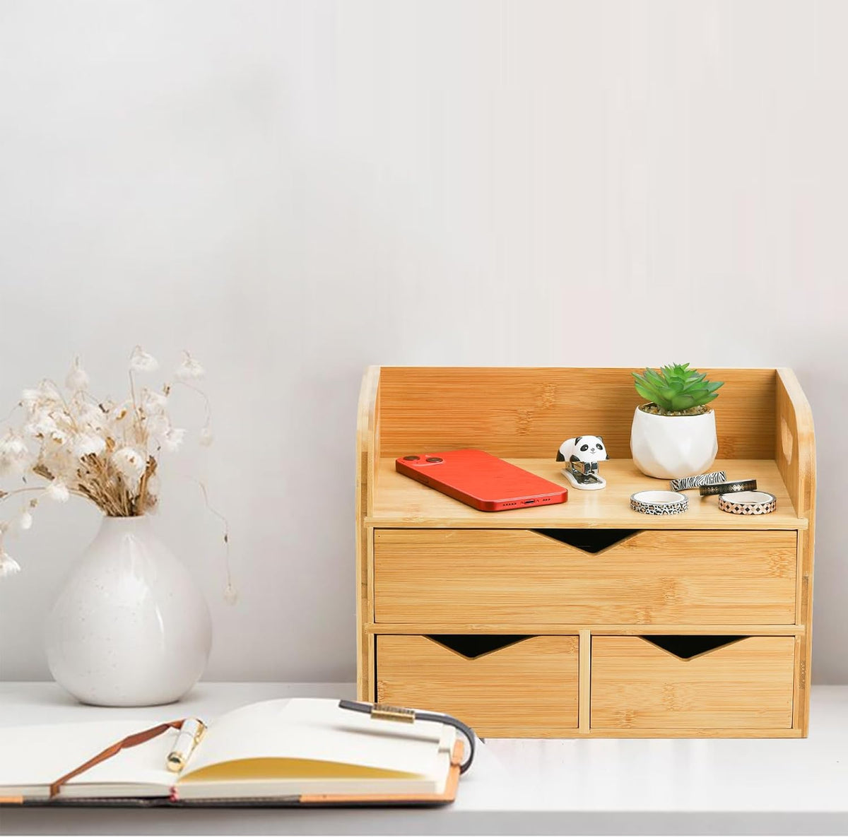 3 Tier Bamboo Desktop Organizer with 3 Drawers, Tabletop Craft Box Cosmetic Storage Drawer with Handle, Portable Desk Letter Mail Sorter for Office Supply, Toiletries