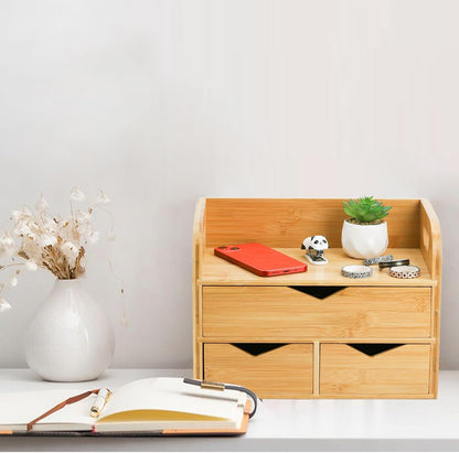3 Tier Bamboo Desktop Organizer with 3 Drawers, Tabletop Craft Box Cosmetic Storage Drawer with Handle, Portable Desk Letter Mail Sorter for Office Supply, Toiletries