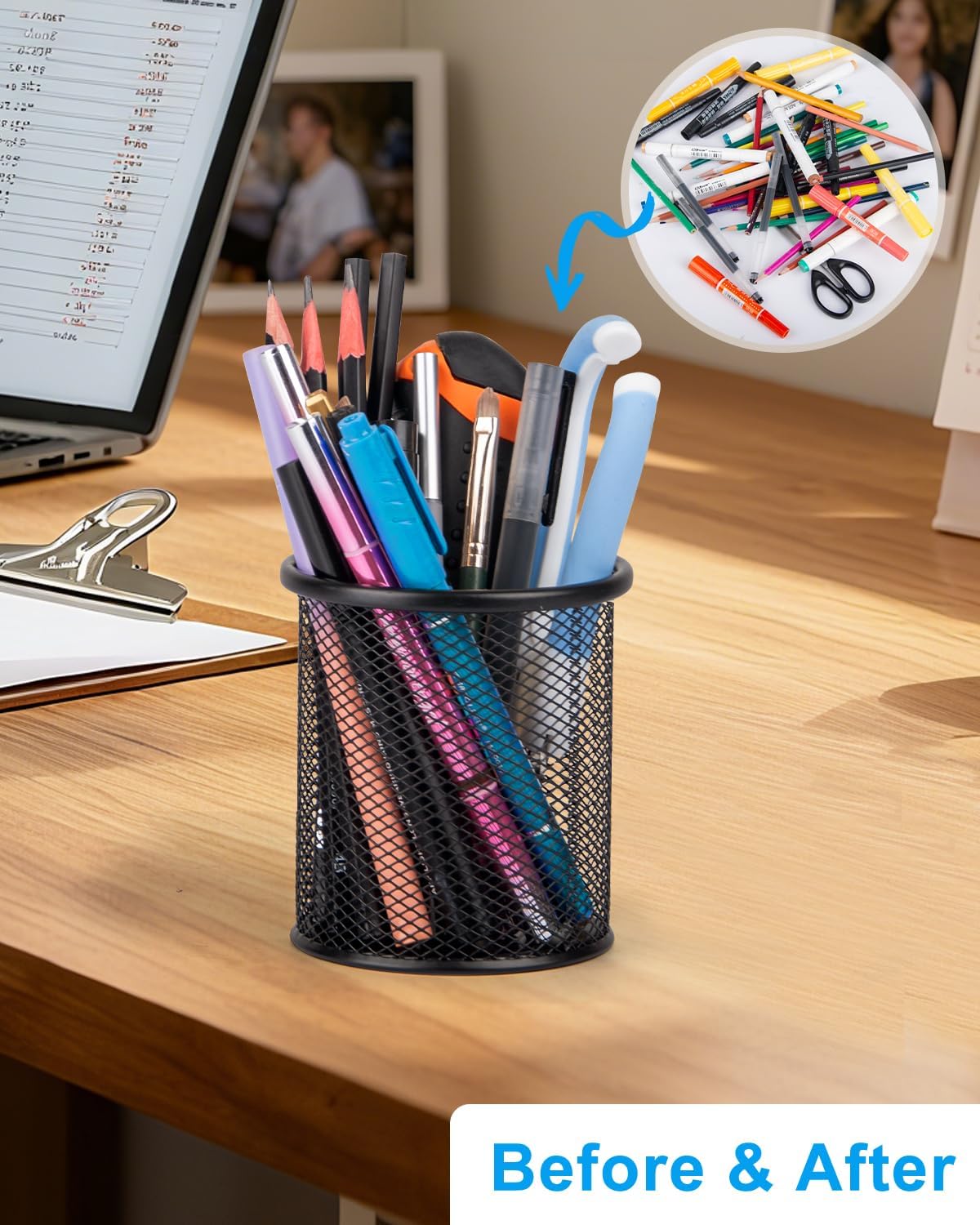 Pen Holder and Desk Organizer, Office Caddy Storage for School Home Office (Black, Medium)