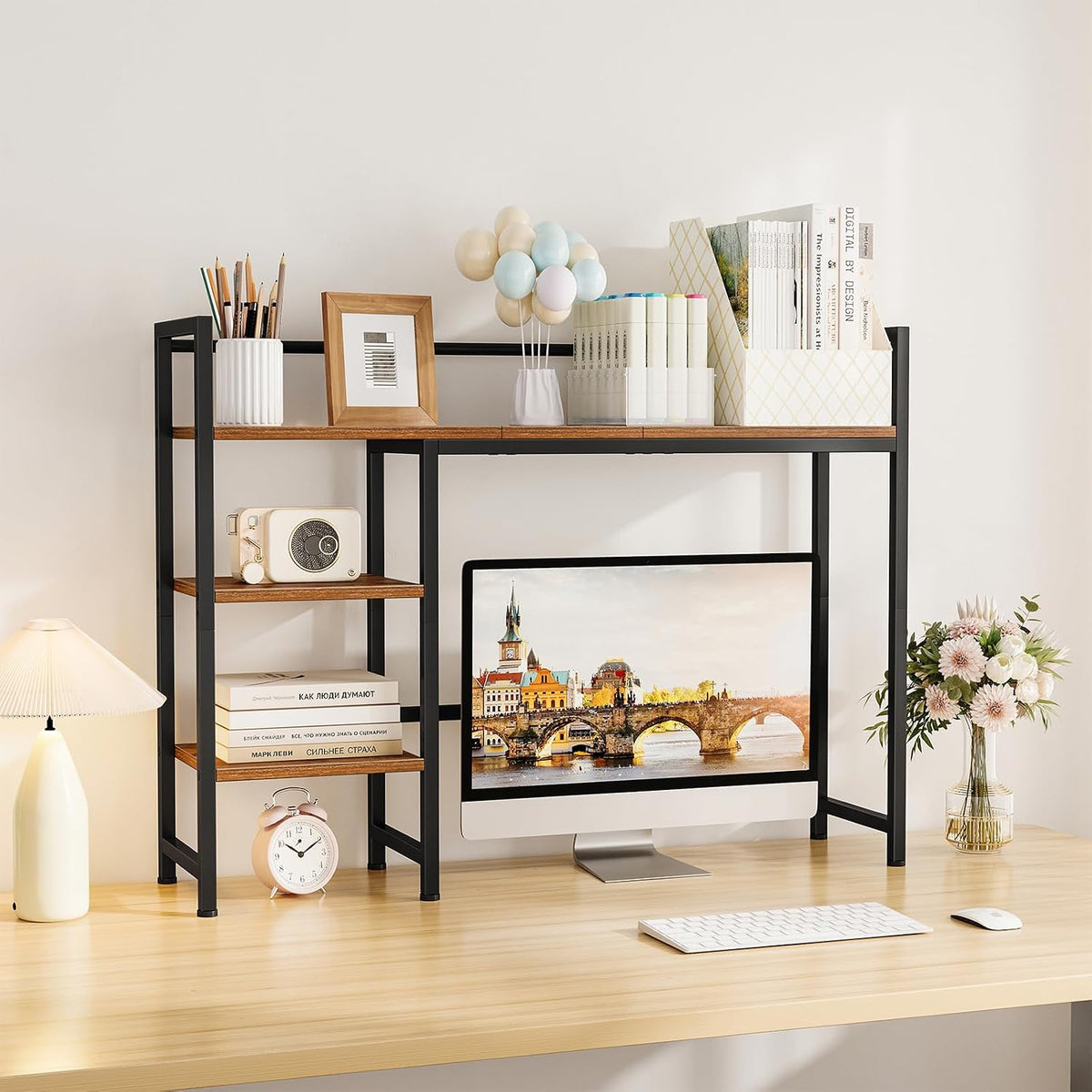 Desk Shelf, 38.6" Desktop Organizer Shelf, Desk Hutch for Computer Monitor, 4 Tier Desk Display Rack, Wood Desktop Bookshelf Storage Rack for Home Office Dorm, Rustic Brown