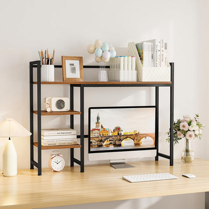 Desk Shelf, 38.6" Desktop Organizer Shelf, Desk Hutch for Computer Monitor, 4 Tier Desk Display Rack, Wood Desktop Bookshelf Storage Rack for Home Office Dorm, Rustic Brown