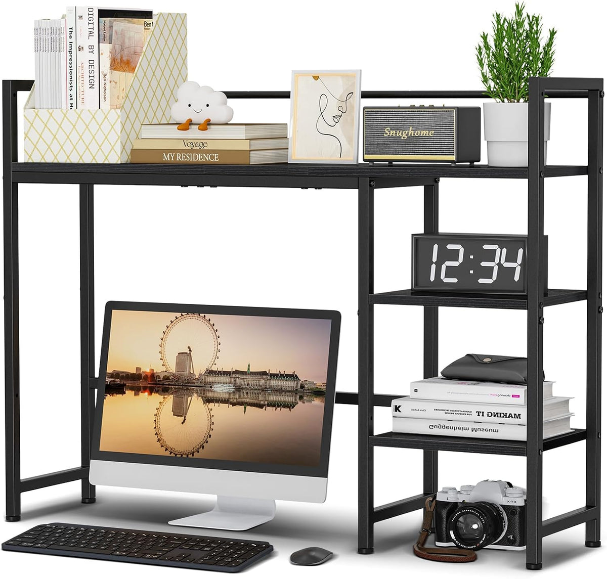 Desk Shelf, 38.6" Desktop Organizer Shelf, Desk Hutch for Computer Monitor, 4 Tier Desk Display Rack, Wood Desktop Bookshelf Storage Rack for Home Office Dorm, Rustic Brown