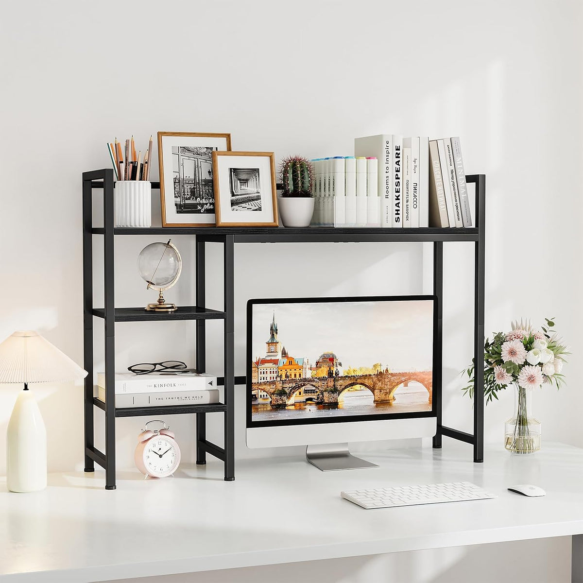 Desk Shelf, 38.6" Desktop Organizer Shelf, Desk Hutch for Computer Monitor, 4 Tier Desk Display Rack, Wood Desktop Bookshelf Storage Rack for Home Office Dorm, Rustic Brown