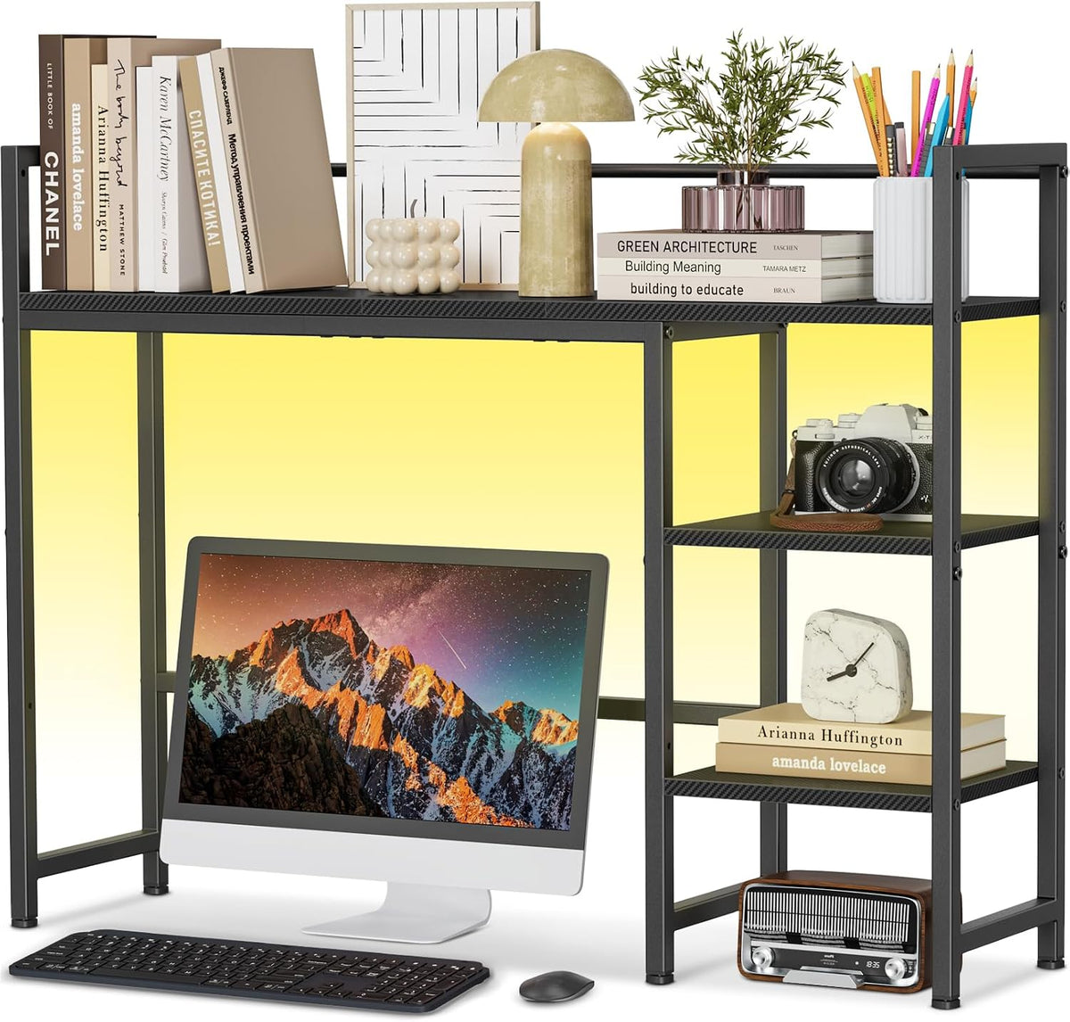 Desk Shelf, 38.6" Desktop Organizer Shelf, Desk Hutch for Computer Monitor, 4 Tier Desk Display Rack, Wood Desktop Bookshelf Storage Rack for Home Office Dorm, Rustic Brown