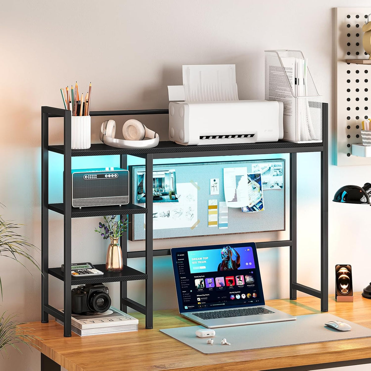 Desk Shelf, 38.6" Desktop Organizer Shelf, Desk Hutch for Computer Monitor, 4 Tier Desk Display Rack, Wood Desktop Bookshelf Storage Rack for Home Office Dorm, Rustic Brown