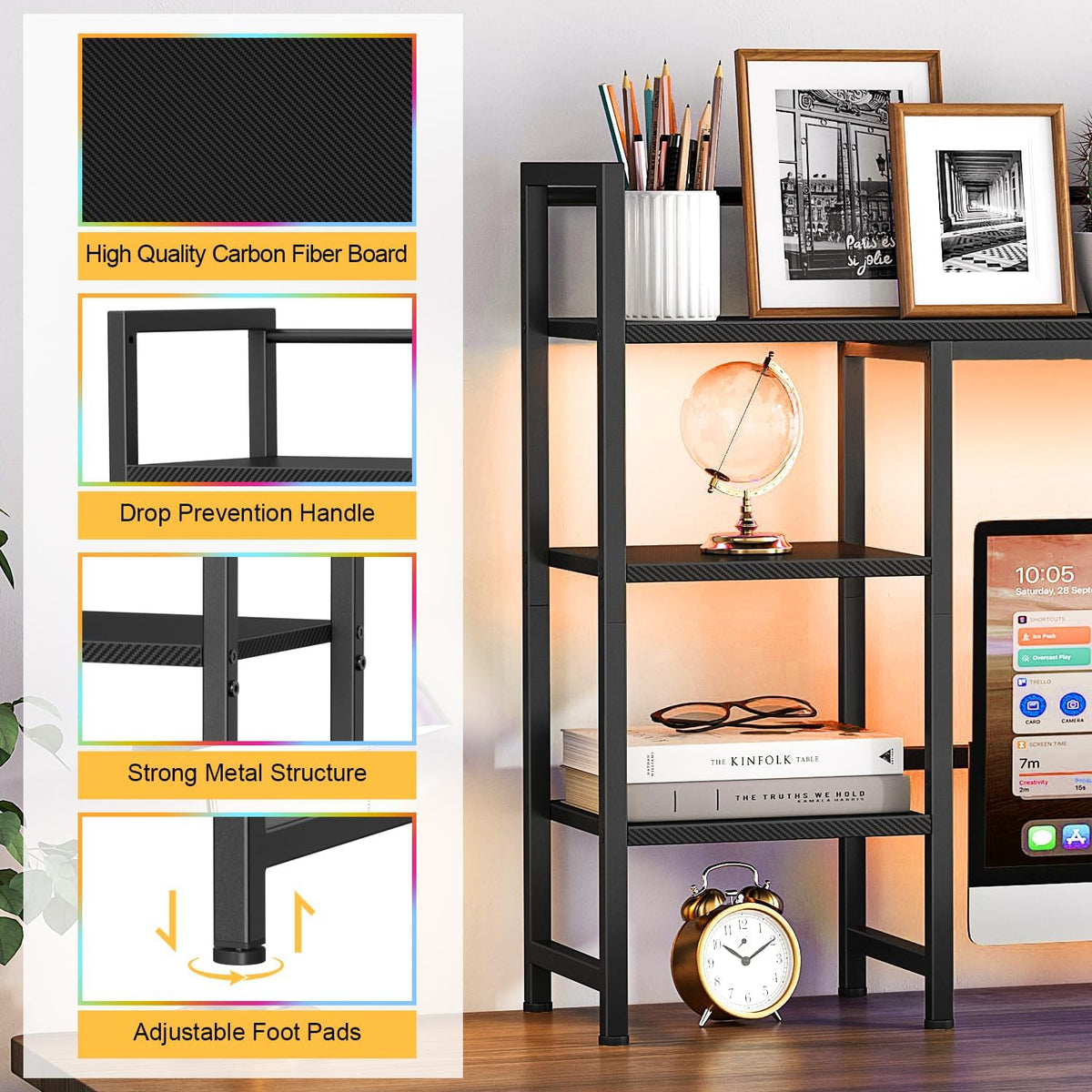 Desk Shelf, 38.6" Desktop Organizer Shelf, Desk Hutch for Computer Monitor, 4 Tier Desk Display Rack, Wood Desktop Bookshelf Storage Rack for Home Office Dorm, Rustic Brown