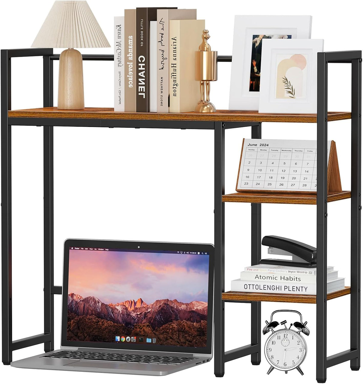 Desk Shelf, 38.6" Desktop Organizer Shelf, Desk Hutch for Computer Monitor, 4 Tier Desk Display Rack, Wood Desktop Bookshelf Storage Rack for Home Office Dorm, Rustic Brown