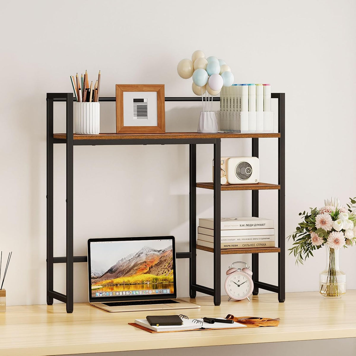 Desk Shelf, 38.6" Desktop Organizer Shelf, Desk Hutch for Computer Monitor, 4 Tier Desk Display Rack, Wood Desktop Bookshelf Storage Rack for Home Office Dorm, Rustic Brown