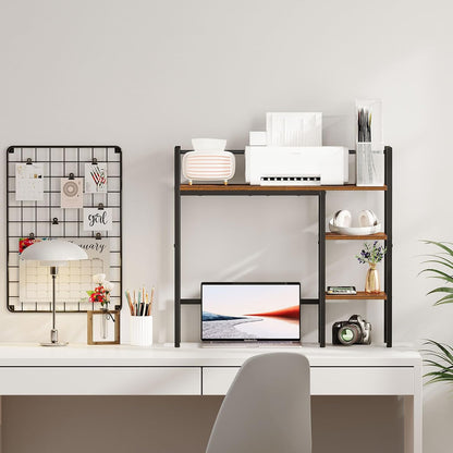 Desk Shelf, 38.6" Desktop Organizer Shelf, Desk Hutch for Computer Monitor, 4 Tier Desk Display Rack, Wood Desktop Bookshelf Storage Rack for Home Office Dorm, Rustic Brown