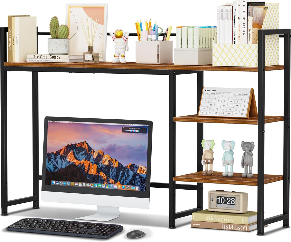 Desk Shelf, 38.6" Desktop Organizer Shelf, Desk Hutch for Computer Monitor, 4 Tier Desk Display Rack, Wood Desktop Bookshelf Storage Rack for Home Office Dorm, Rustic Brown