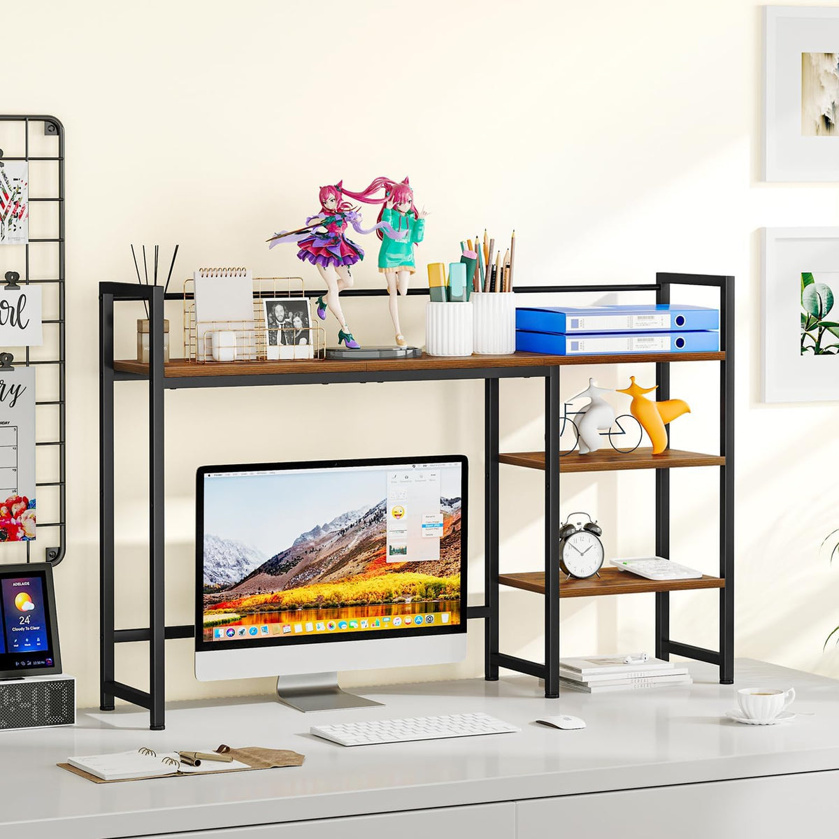 Desk Shelf, 38.6" Desktop Organizer Shelf, Desk Hutch for Computer Monitor, 4 Tier Desk Display Rack, Wood Desktop Bookshelf Storage Rack for Home Office Dorm, Rustic Brown