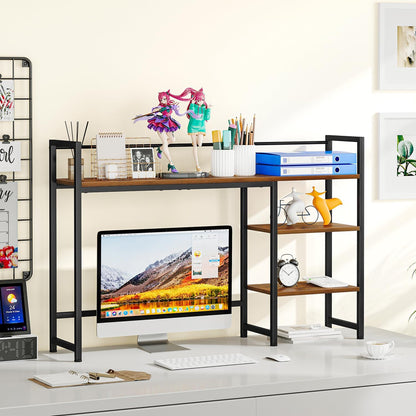 Desk Shelf, 38.6" Desktop Organizer Shelf, Desk Hutch for Computer Monitor, 4 Tier Desk Display Rack, Wood Desktop Bookshelf Storage Rack for Home Office Dorm, Rustic Brown