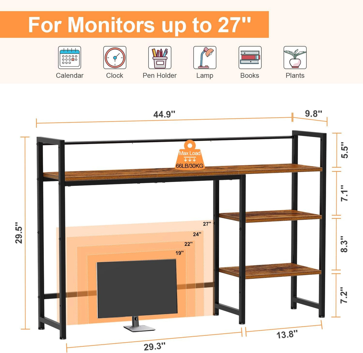 Desk Shelf, 38.6" Desktop Organizer Shelf, Desk Hutch for Computer Monitor, 4 Tier Desk Display Rack, Wood Desktop Bookshelf Storage Rack for Home Office Dorm, Rustic Brown