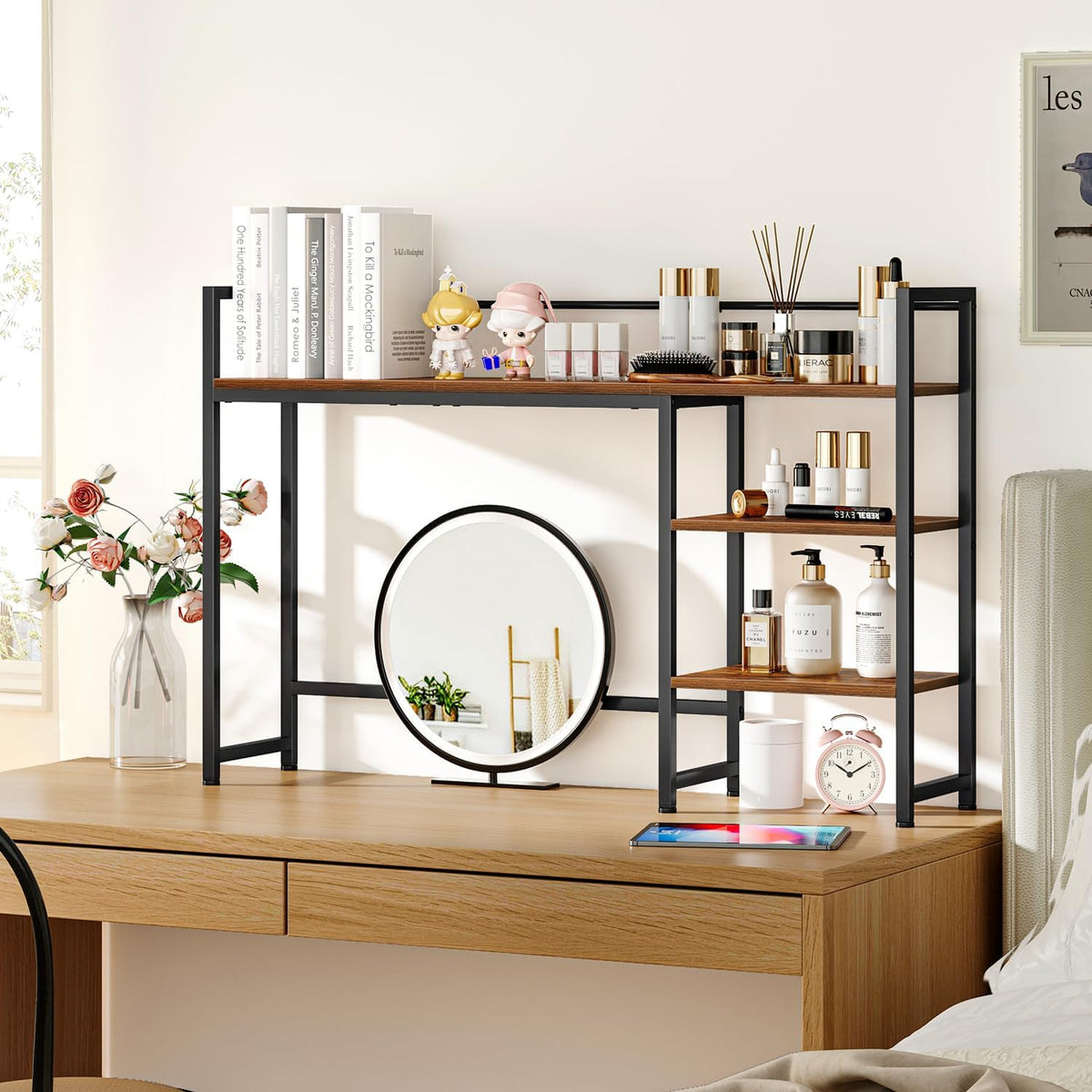 Desk Shelf, 38.6" Desktop Organizer Shelf, Desk Hutch for Computer Monitor, 4 Tier Desk Display Rack, Wood Desktop Bookshelf Storage Rack for Home Office Dorm, Rustic Brown