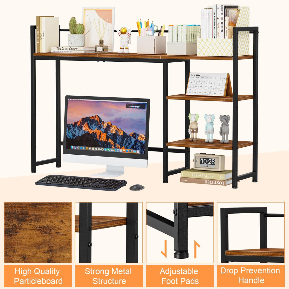 Desk Shelf, 38.6" Desktop Organizer Shelf, Desk Hutch for Computer Monitor, 4 Tier Desk Display Rack, Wood Desktop Bookshelf Storage Rack for Home Office Dorm, Rustic Brown
