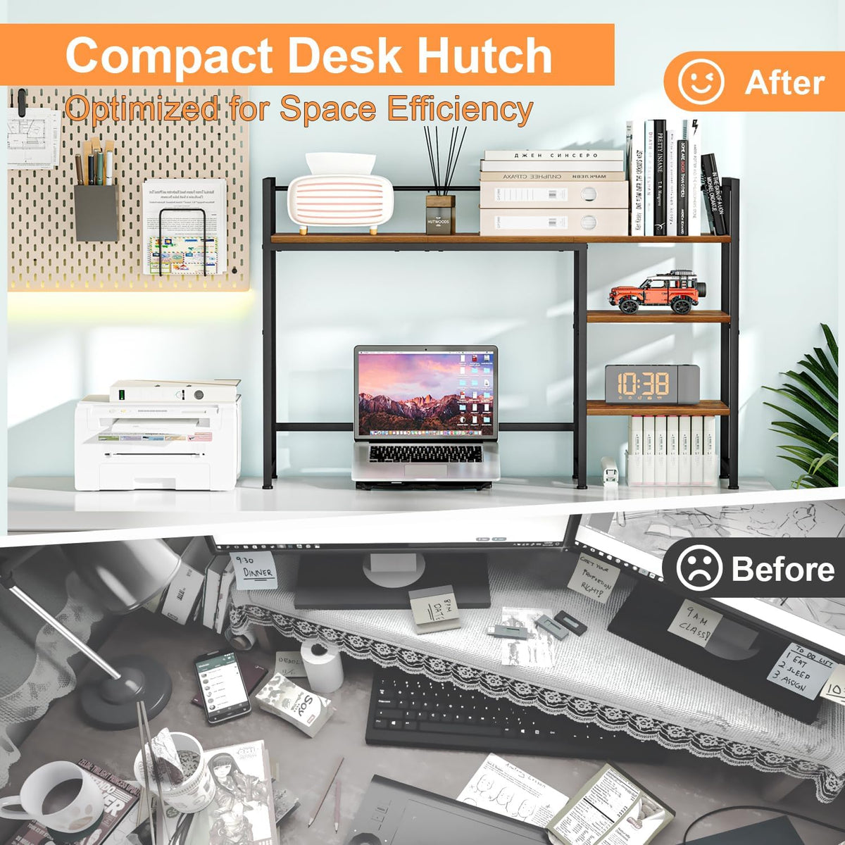 Desk Shelf, 38.6" Desktop Organizer Shelf, Desk Hutch for Computer Monitor, 4 Tier Desk Display Rack, Wood Desktop Bookshelf Storage Rack for Home Office Dorm, Rustic Brown