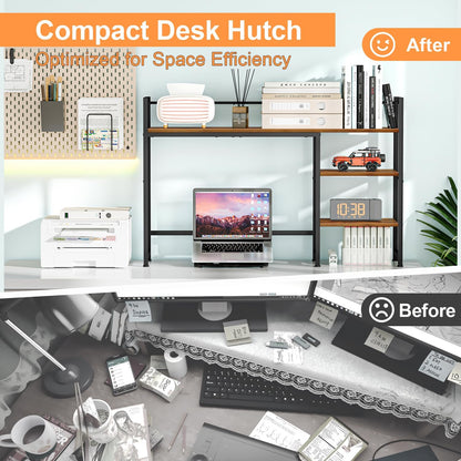 Desk Shelf, 38.6" Desktop Organizer Shelf, Desk Hutch for Computer Monitor, 4 Tier Desk Display Rack, Wood Desktop Bookshelf Storage Rack for Home Office Dorm, Rustic Brown