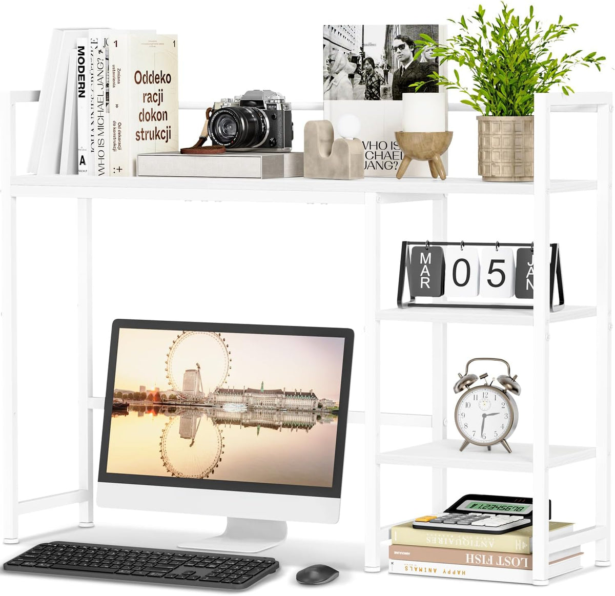 Desk Shelf, 38.6" Desktop Organizer Shelf, Desk Hutch for Computer Monitor, 4 Tier Desk Display Rack, Wood Desktop Bookshelf Storage Rack for Home Office Dorm, Rustic Brown