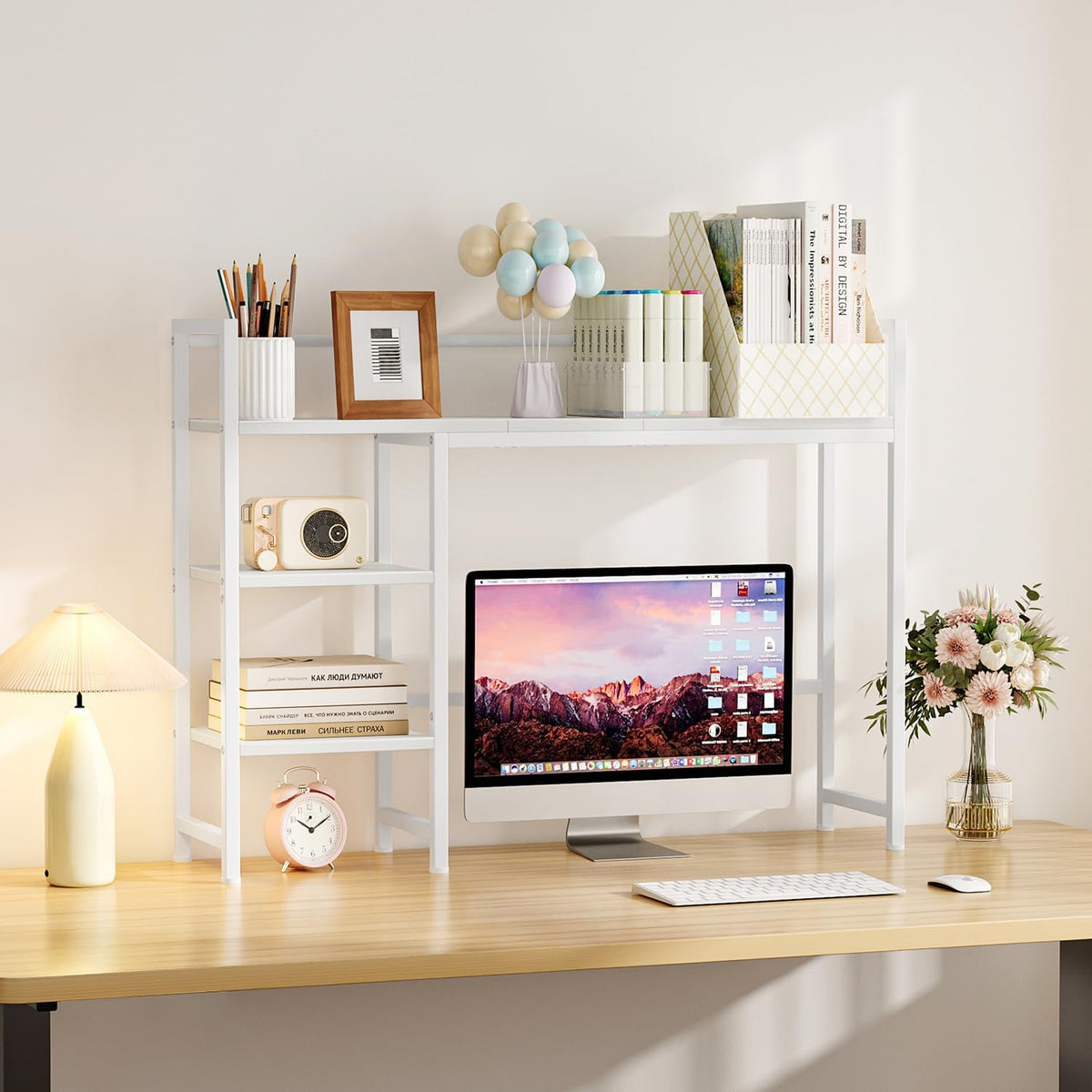 Desk Shelf, 38.6" Desktop Organizer Shelf, Desk Hutch for Computer Monitor, 4 Tier Desk Display Rack, Wood Desktop Bookshelf Storage Rack for Home Office Dorm, Rustic Brown