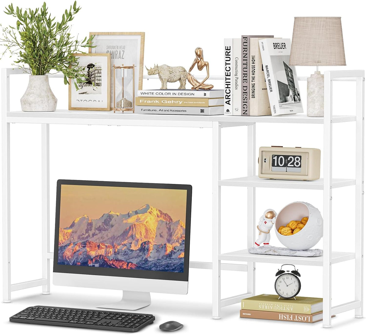 Desk Shelf, 38.6" Desktop Organizer Shelf, Desk Hutch for Computer Monitor, 4 Tier Desk Display Rack, Wood Desktop Bookshelf Storage Rack for Home Office Dorm, Rustic Brown