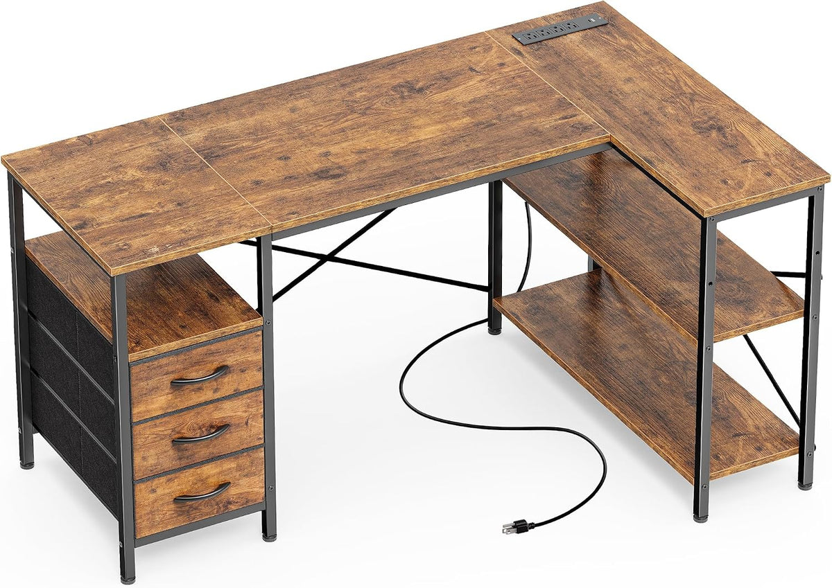 L Shaped Office Desk with Power Outlets & 3 Drawers