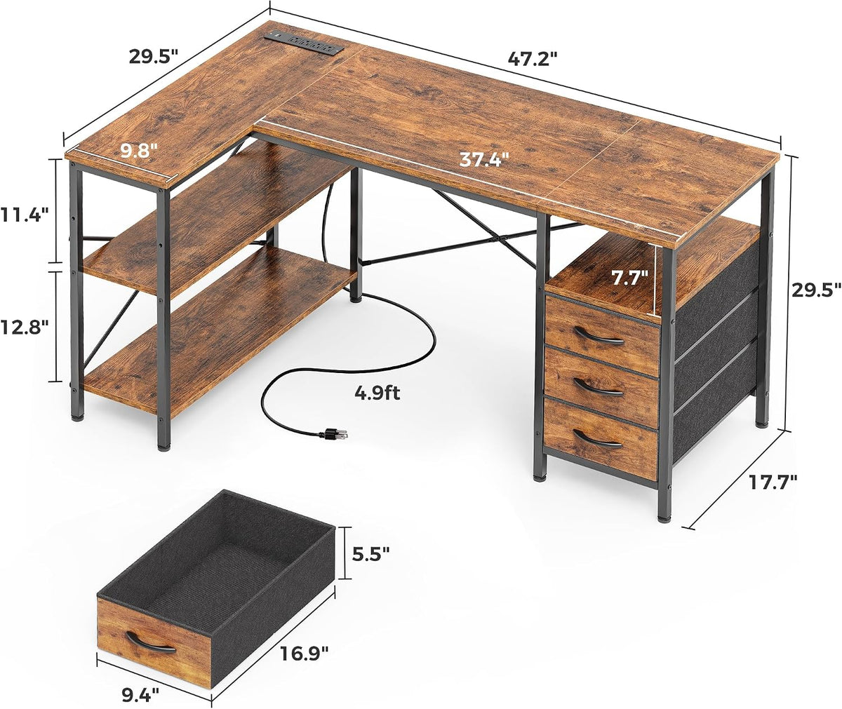 L Shaped Office Desk with Power Outlets & 3 Drawers