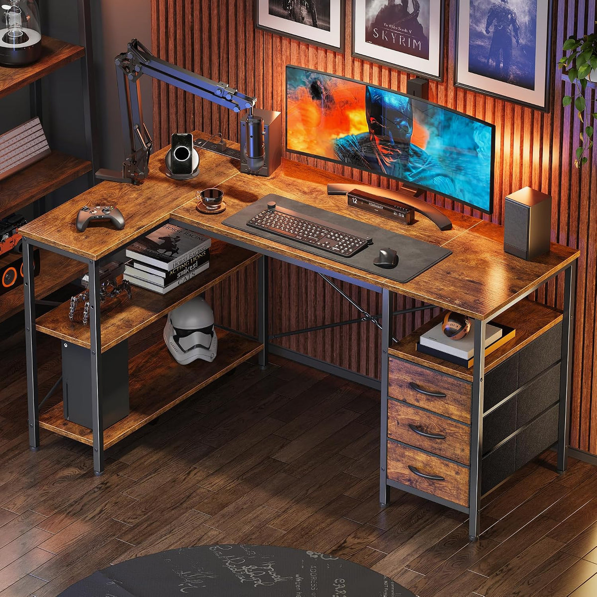 L Shaped Office Desk with Power Outlets & 3 Drawers
