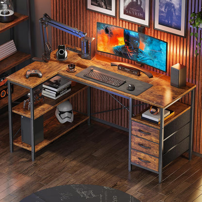 L Shaped Office Desk with Power Outlets & 3 Drawers