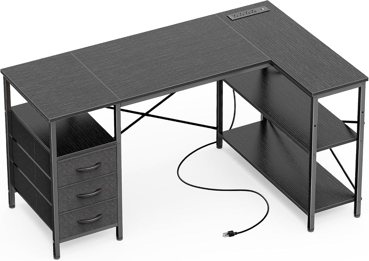 L Shaped Office Desk with Power Outlets & 3 Drawers