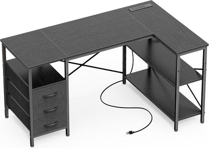 L Shaped Office Desk with Power Outlets & 3 Drawers