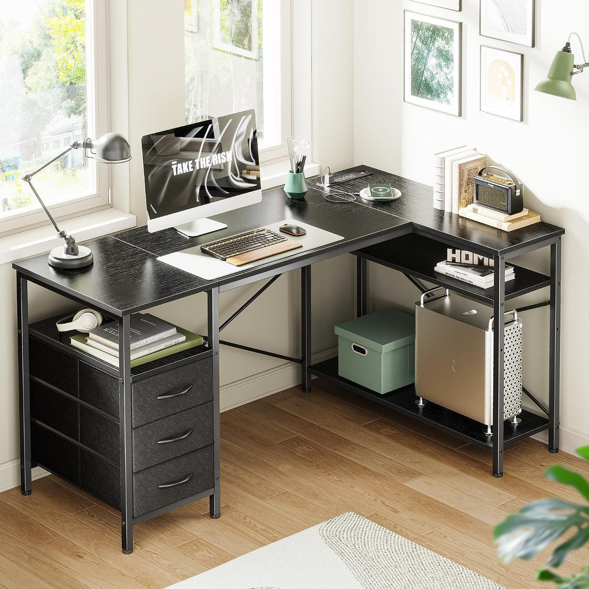 L Shaped Office Desk with Power Outlets & 3 Drawers