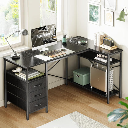 L Shaped Office Desk with Power Outlets & 3 Drawers