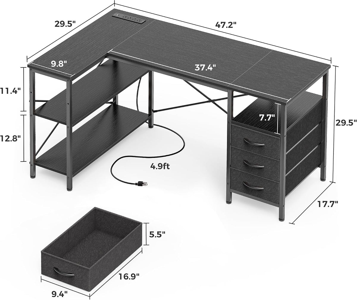 L Shaped Office Desk with Power Outlets & 3 Drawers