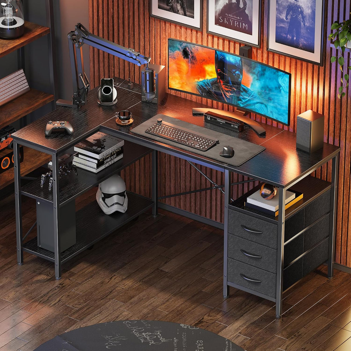 L Shaped Office Desk with Power Outlets & 3 Drawers