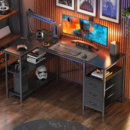 L Shaped Office Desk with Power Outlets & 3 Drawers