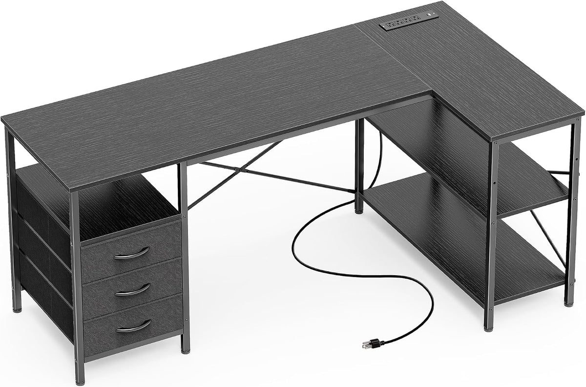 L Shaped Office Desk with Power Outlets & 3 Drawers