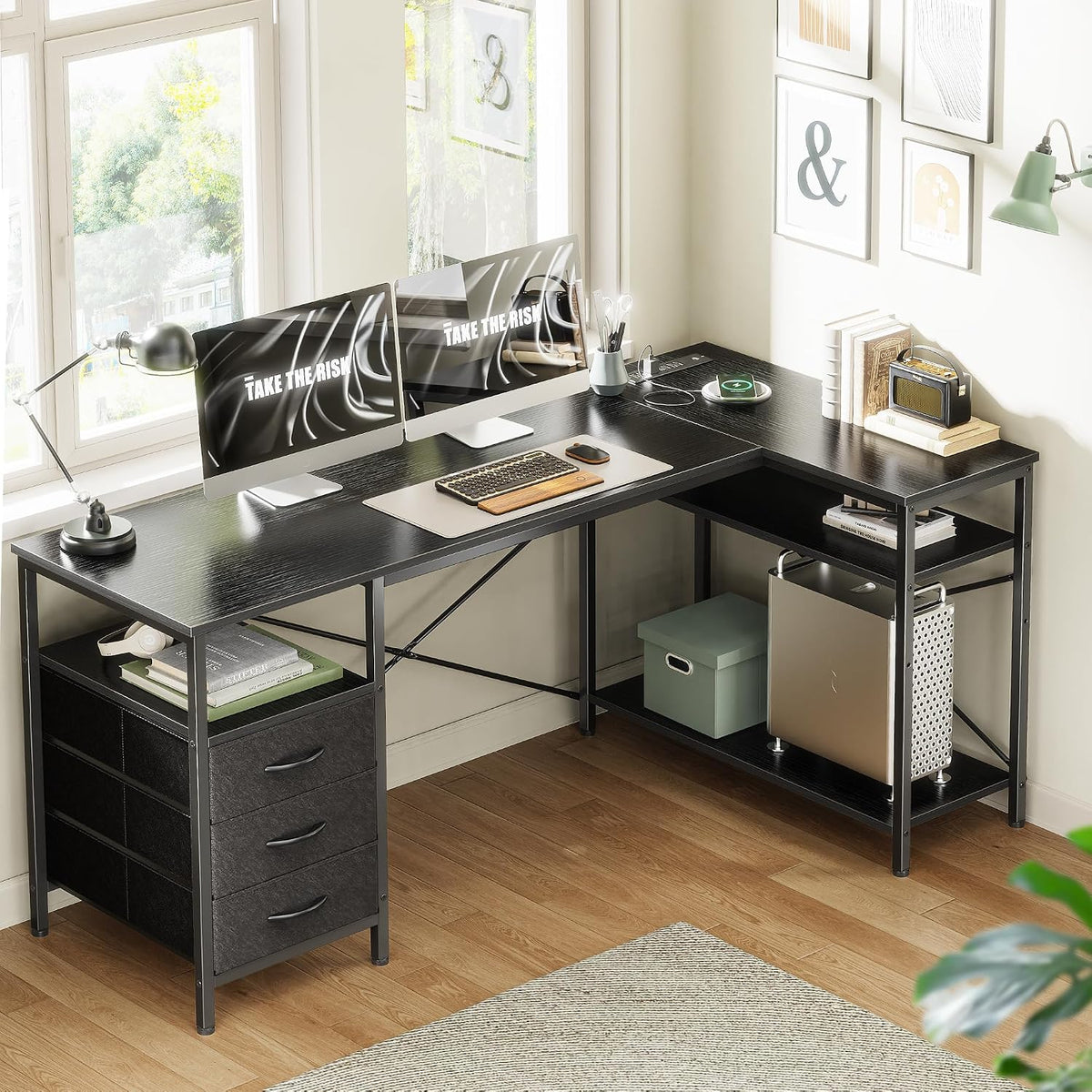 L Shaped Office Desk with Power Outlets & 3 Drawers