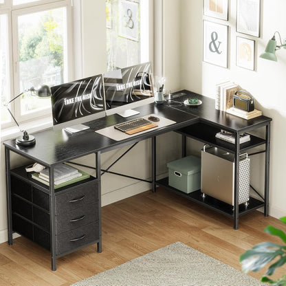 L Shaped Office Desk with Power Outlets & 3 Drawers
