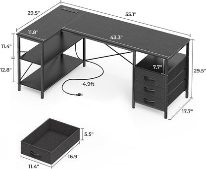 L Shaped Office Desk with Power Outlets & 3 Drawers