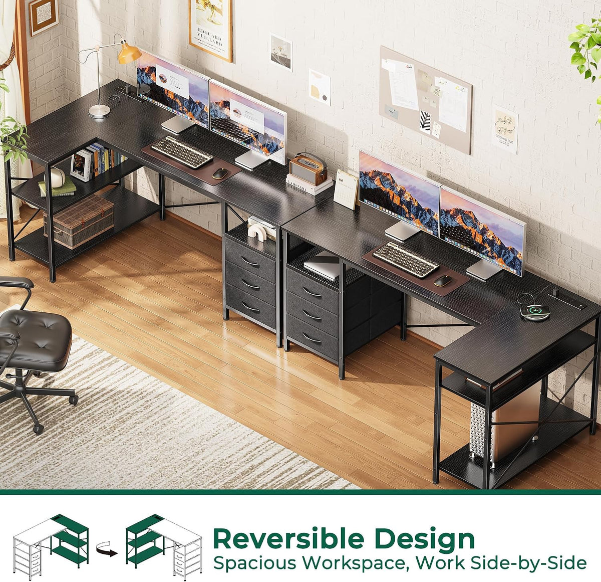 L Shaped Office Desk with Power Outlets & 3 Drawers