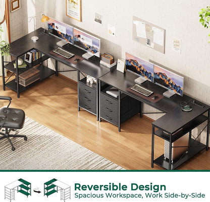 L Shaped Office Desk with Power Outlets & 3 Drawers
