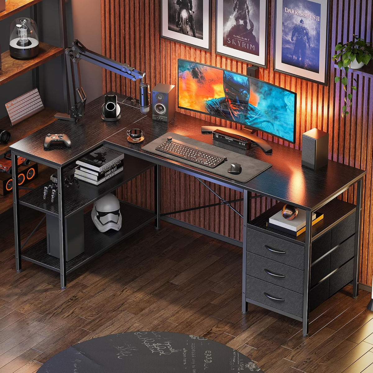 L Shaped Office Desk with Power Outlets & 3 Drawers